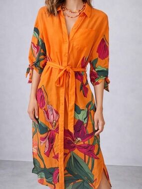 Express Orange Floral Button-Front Midi Dress